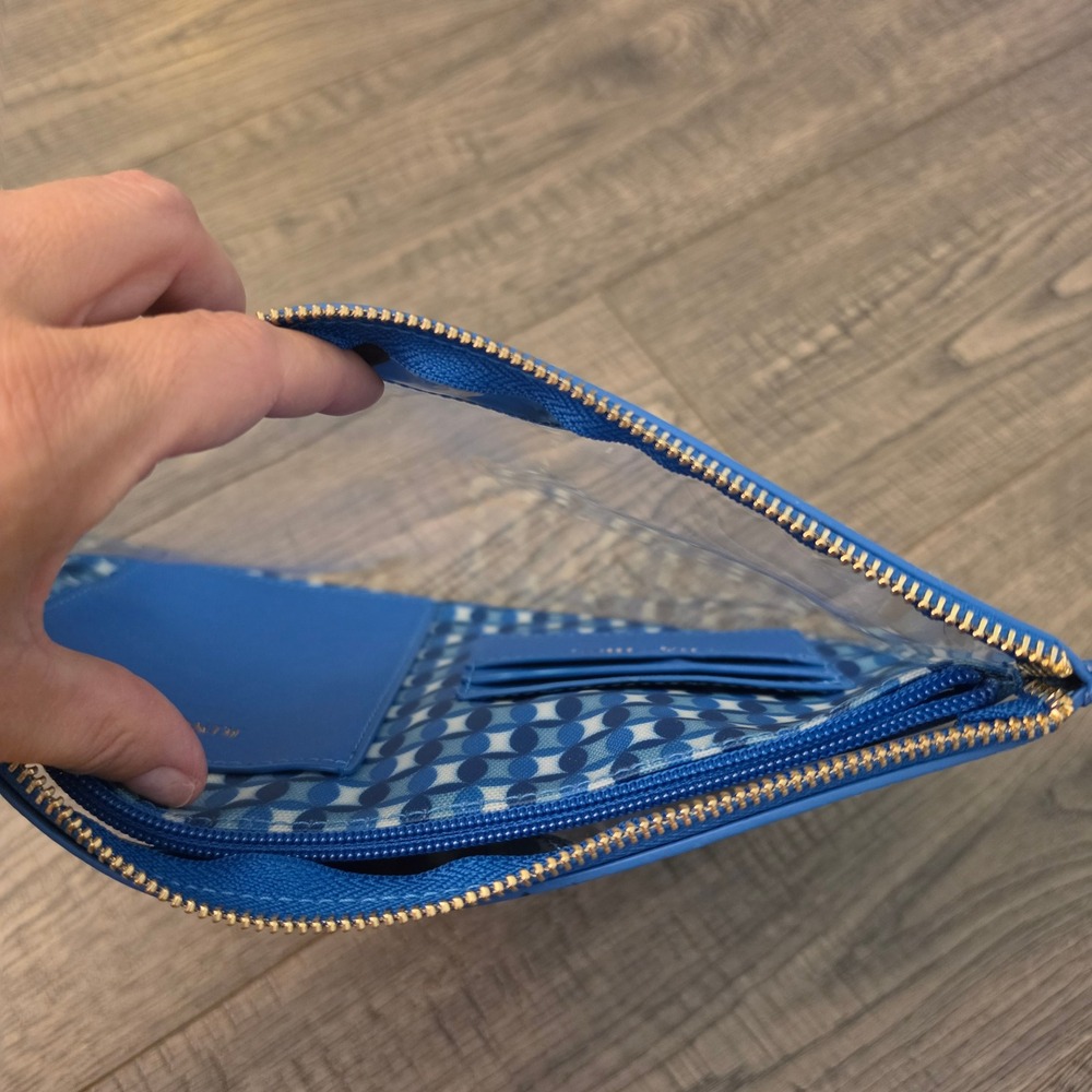 Safe Keeping Blue Leather Clear PVC Zipper Pouch Travel Clutch - Picture 7 of 7
